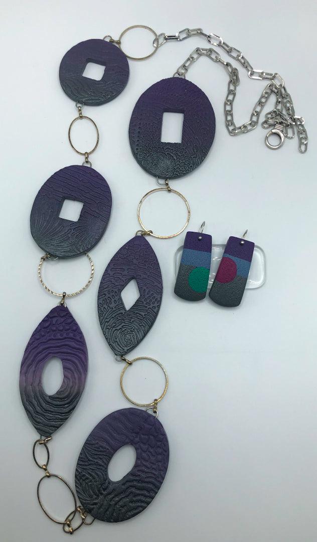 Necklace & earrings, purple & gray blend, silver chain