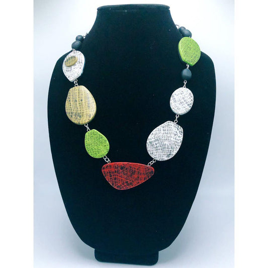 Shapes necklace with green, gold and a pop of red - The Art of Lori Axelrod