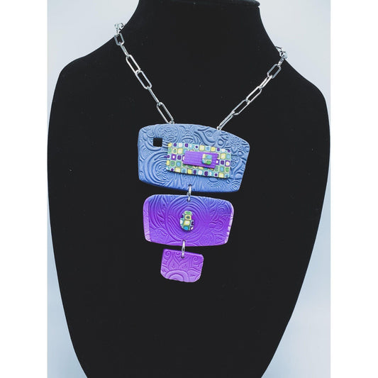 Necklace purple dot pattern light blue base, long statement necklace